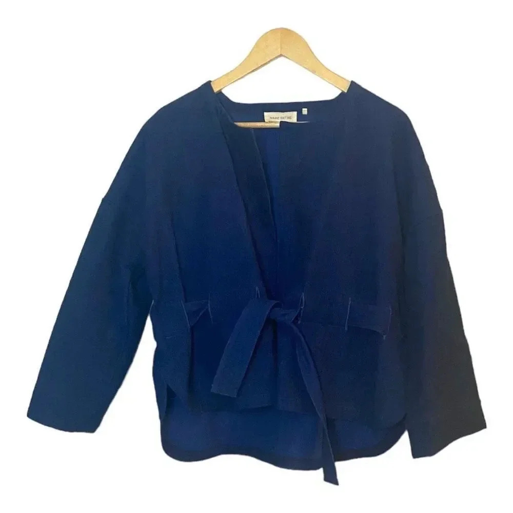 Marie Sixtine Belted Navy Cotton Blazer Jacket